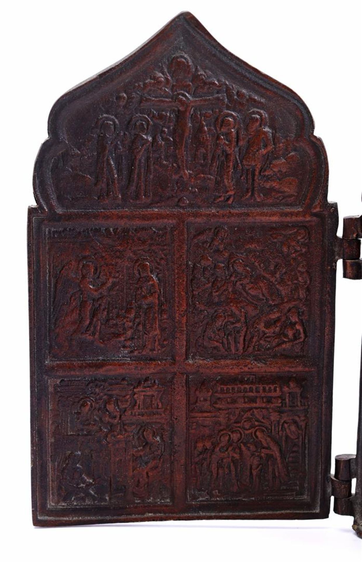 Bronze four-panel icon with various religious scenes, Russia - Image 2 of 7