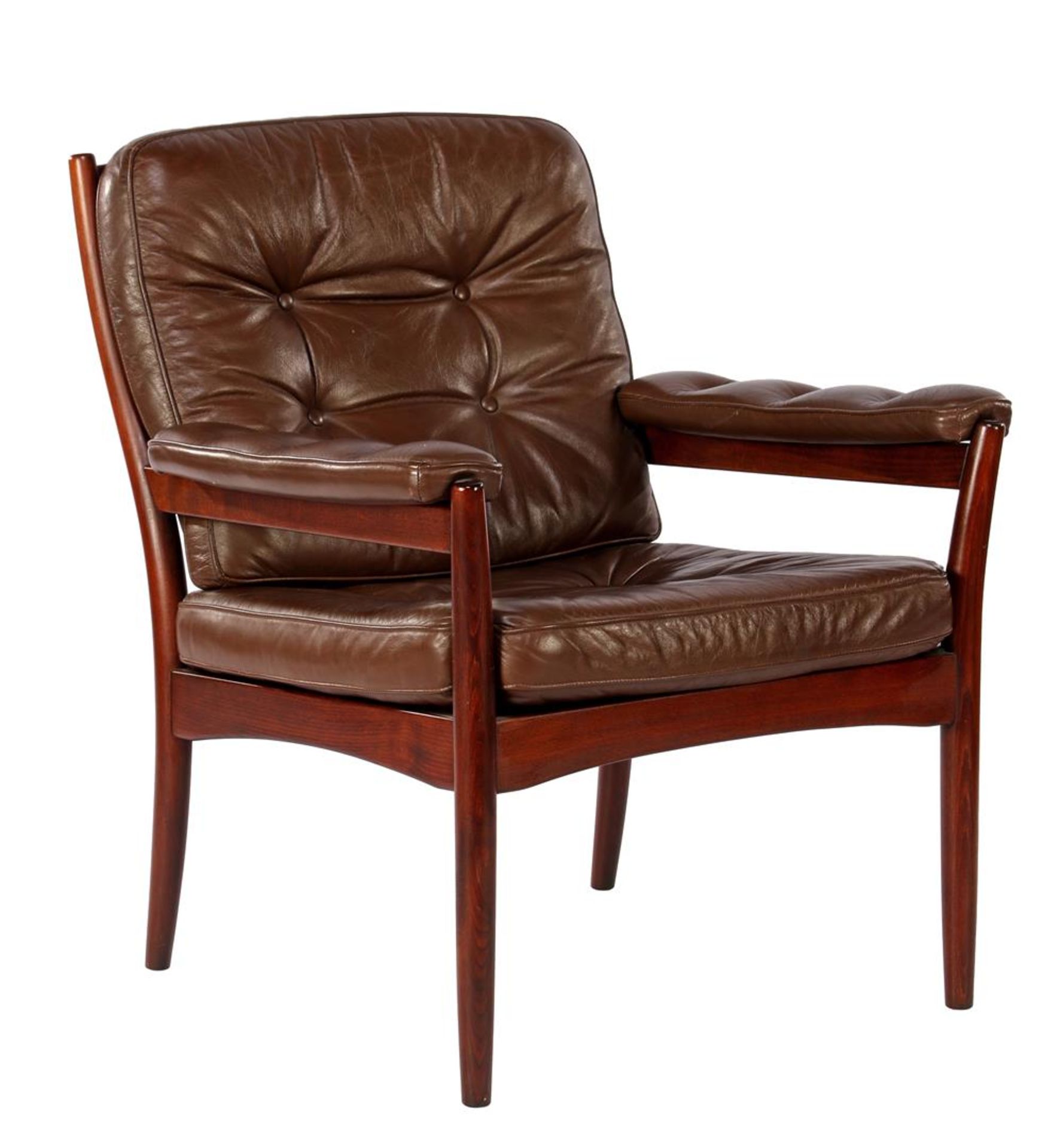 Teak arm chair with brown leather padded (arm) cushions