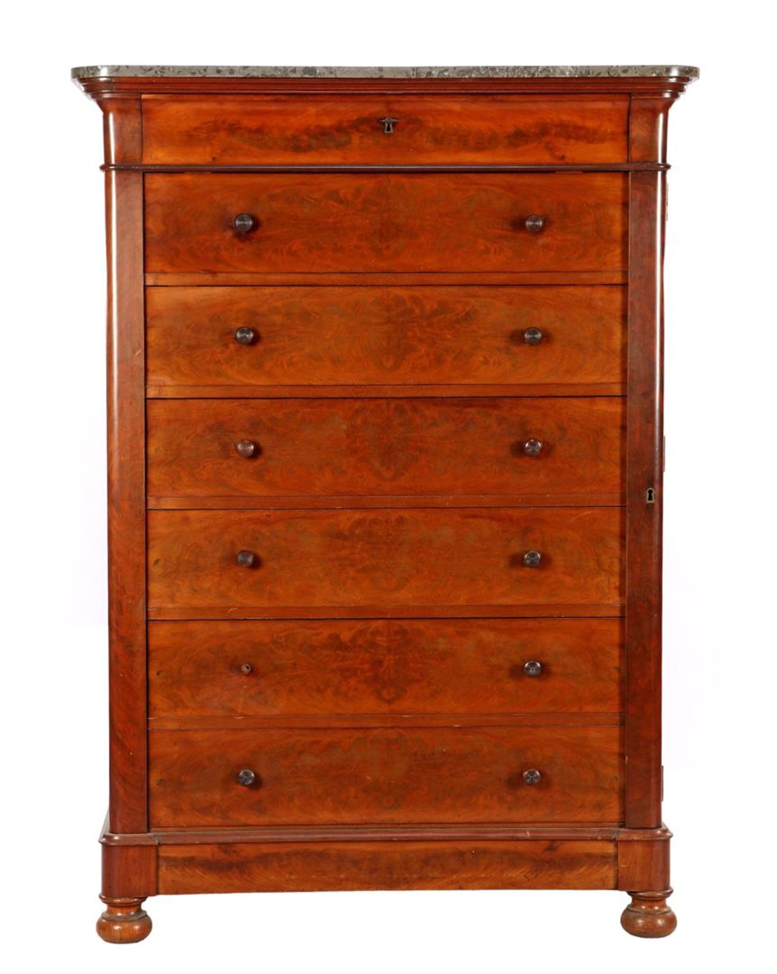 Mahogany veneer 7-drawer chiffonniere with marble top