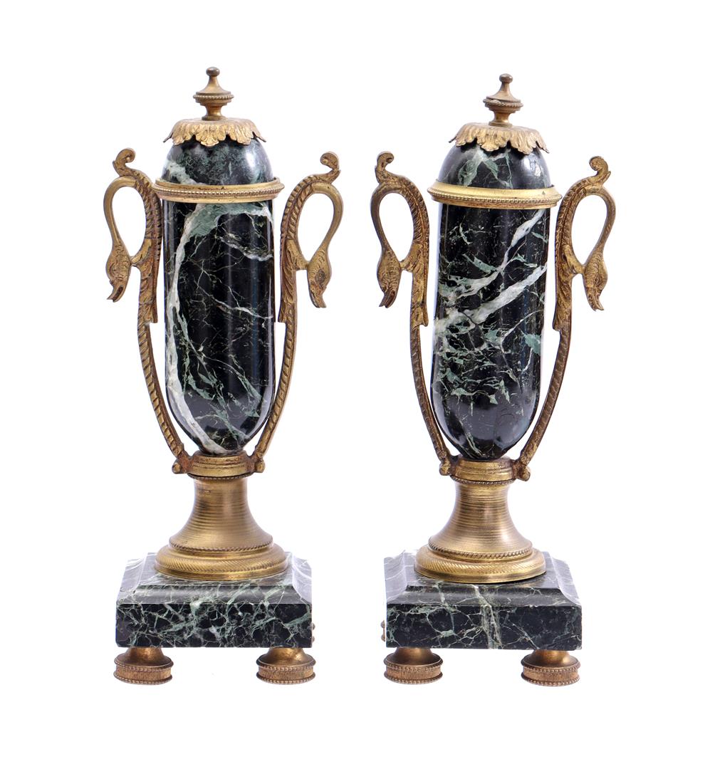 2 classic green marble cassolettes with bronze mounts