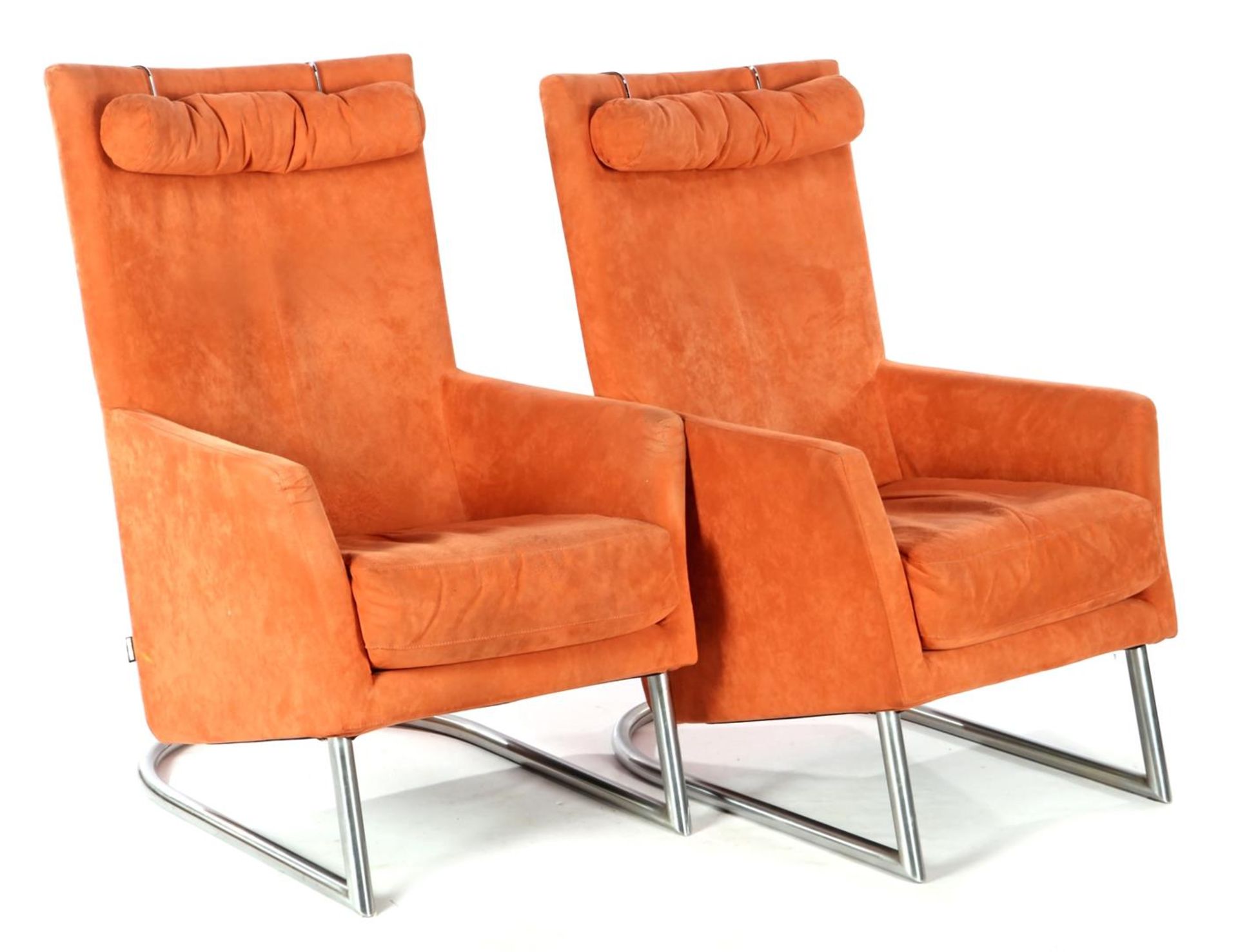 Gerard van den Berg (1947-) 2 orange suede arm chairs 