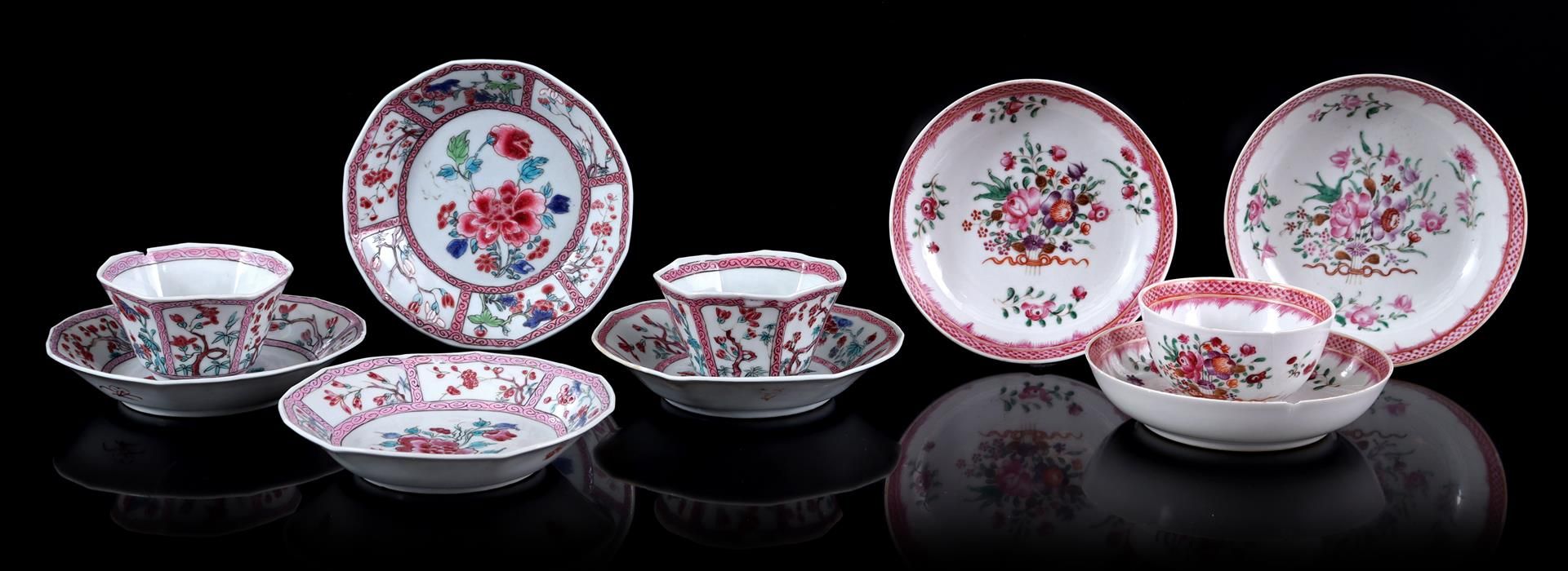 Famille Rose porcelain cups and saucers with floral decor