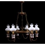 Classic brass 6-armed hanging lamp with milk glass shades, porcelain bottom plate