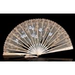 Ivory fan with carving, fabric painted with floral decor and finished with lace