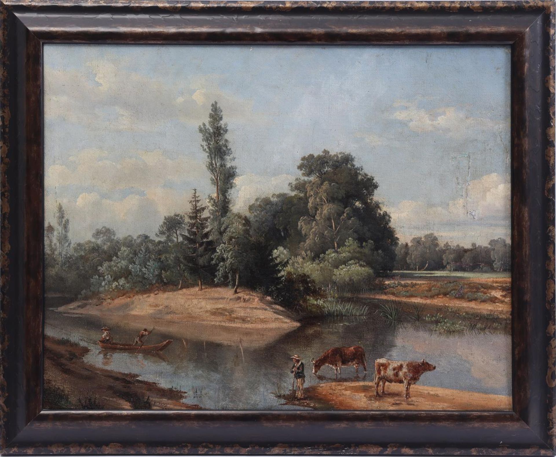 Anonymous, landscape with water feature, figures in the boat 