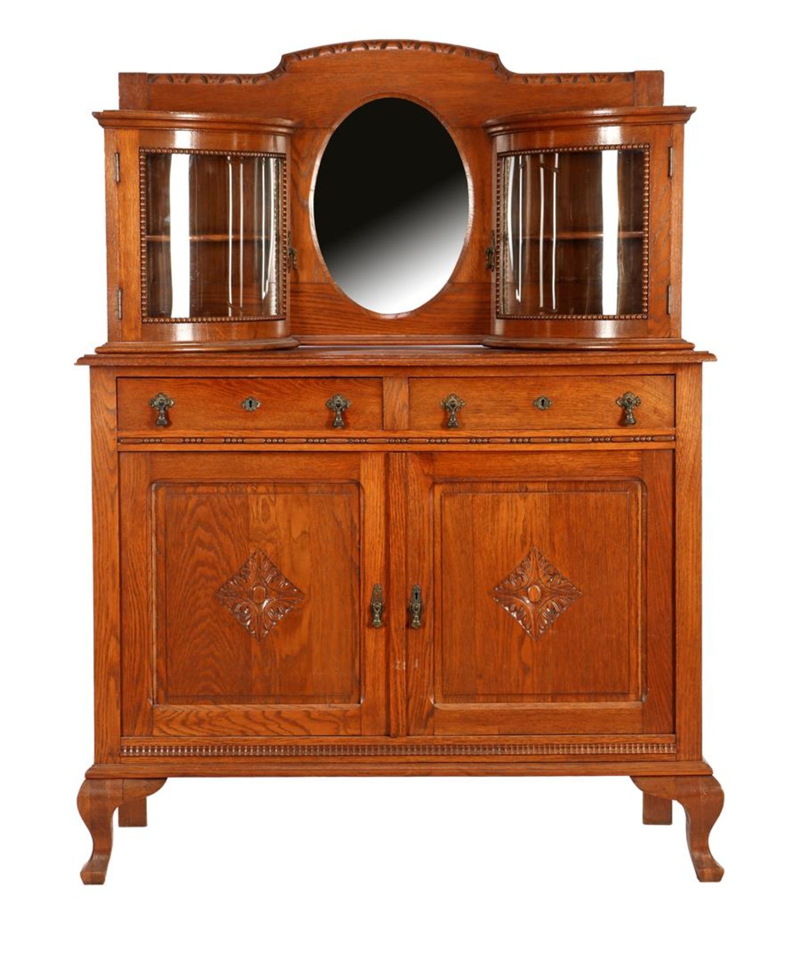 Oak 2-piece sideboard with curved windows in the upper cabinet with a mirror in between