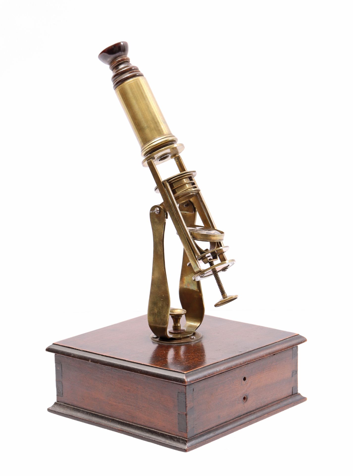 Brass travel microscope in wooden box