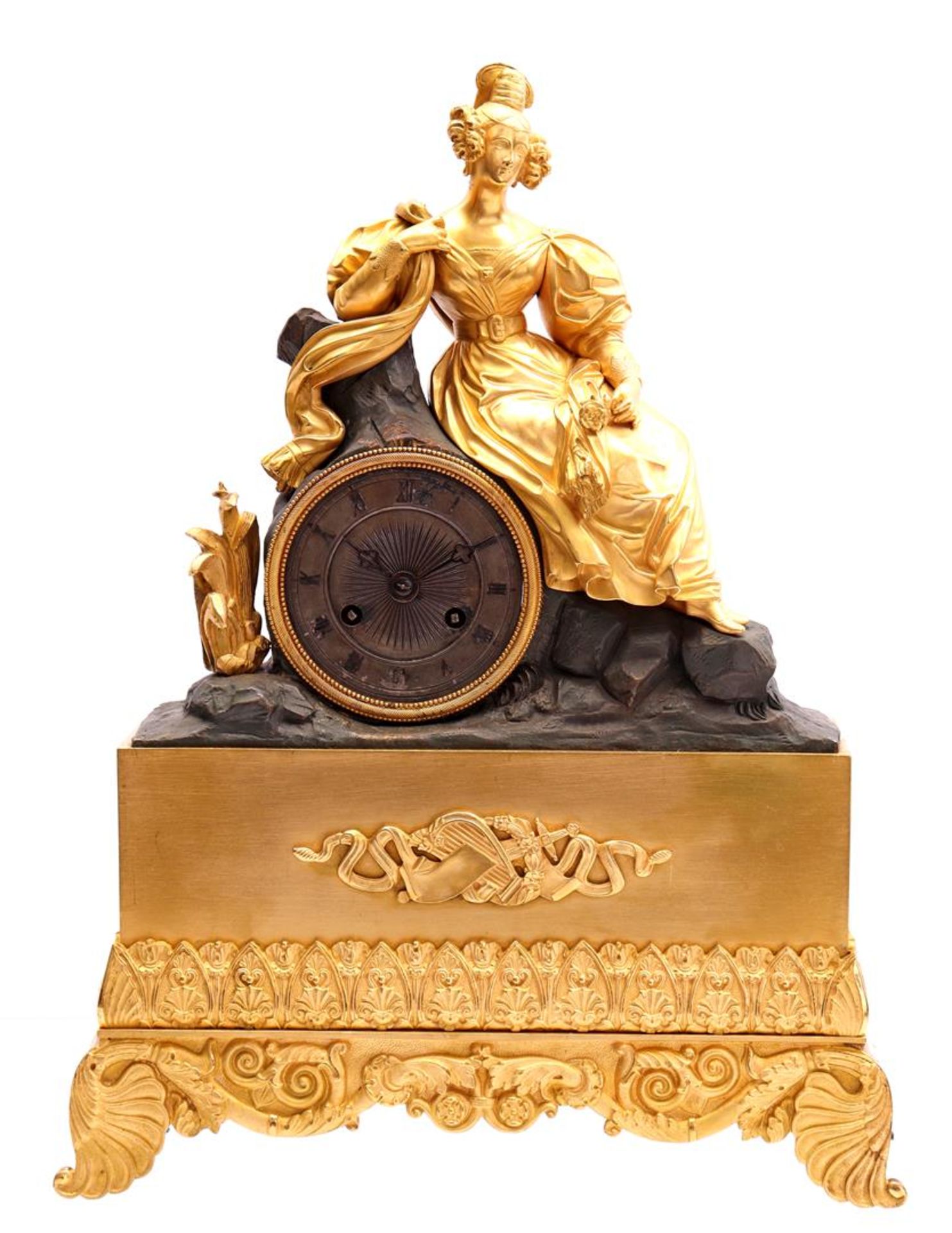 Fire-gilt bronze mantel clock with lady on top