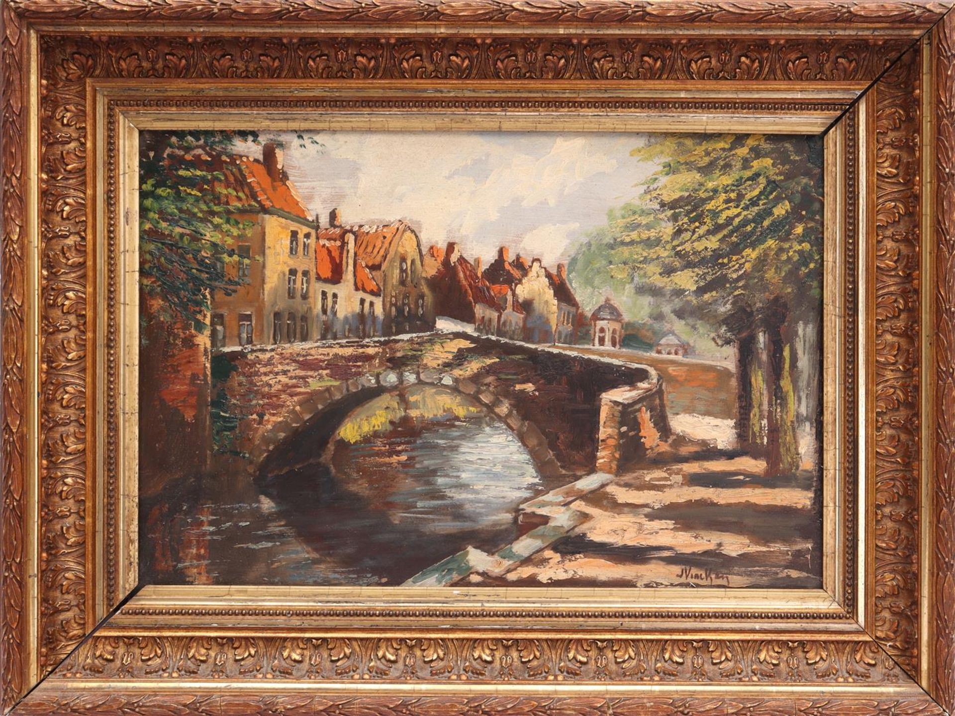 Signed J Vincken, Cityscape with bridge