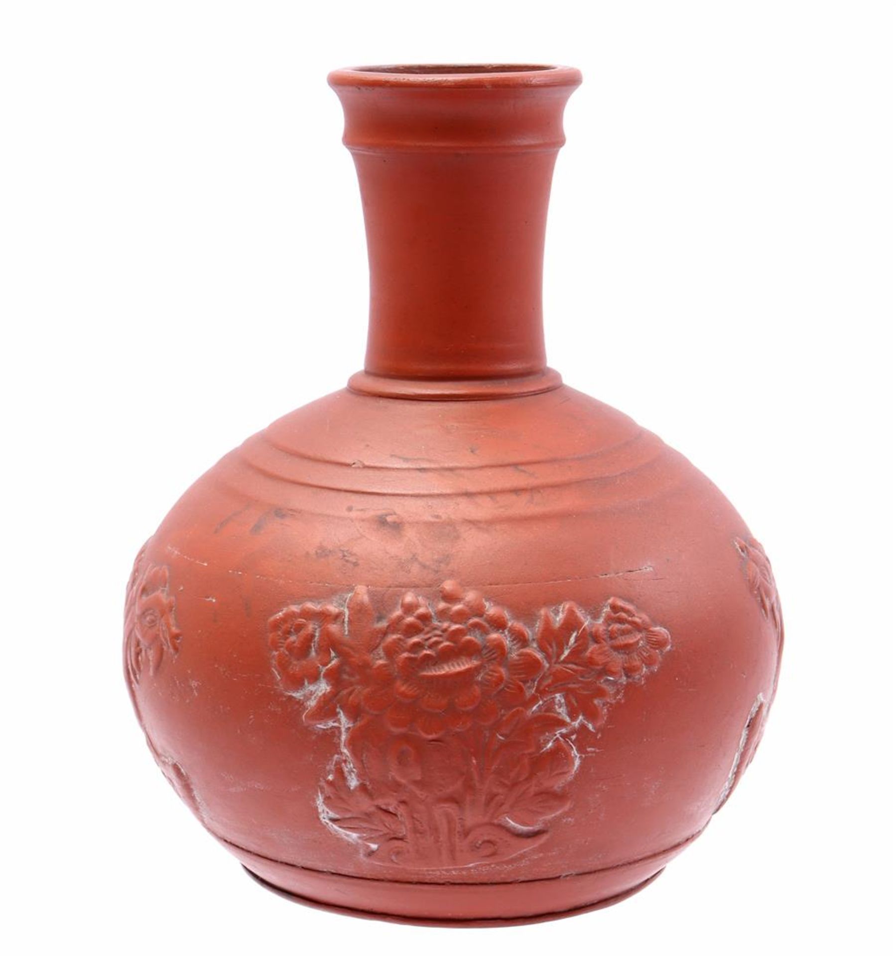 Earthenware Yixing vase with decor of 2 phoenixes and a flower vase