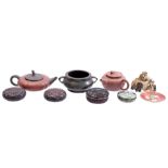 2 Yixing teapots, bronze incense pot