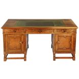 Oak Pander desk with stitching, 2 drawer units, green leather inlaid top