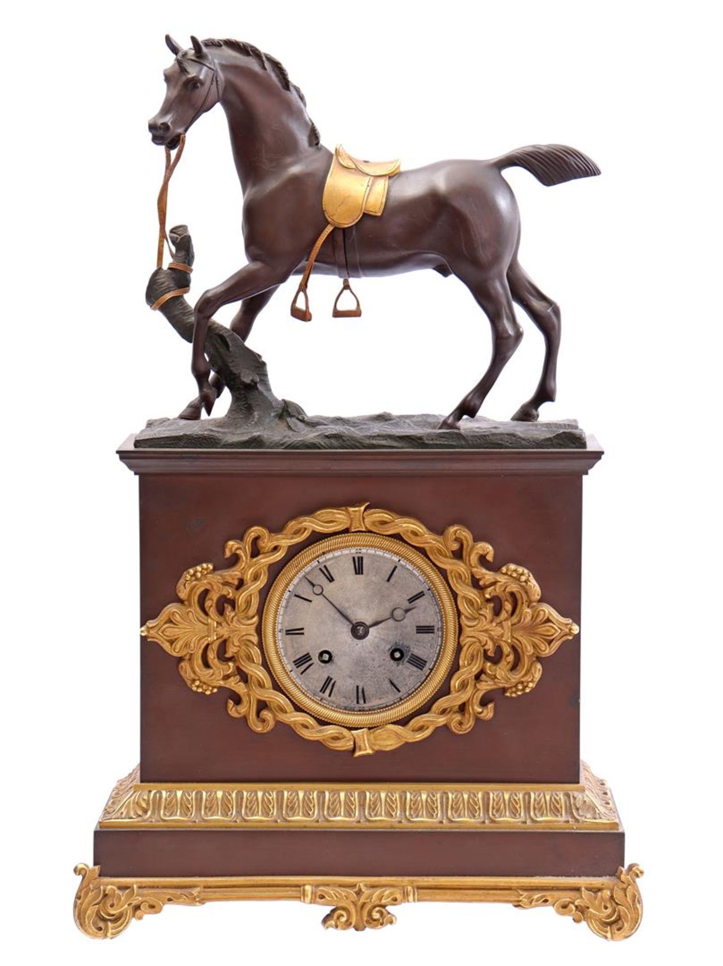 Brass mantel clock with bronze statue of a horse on top