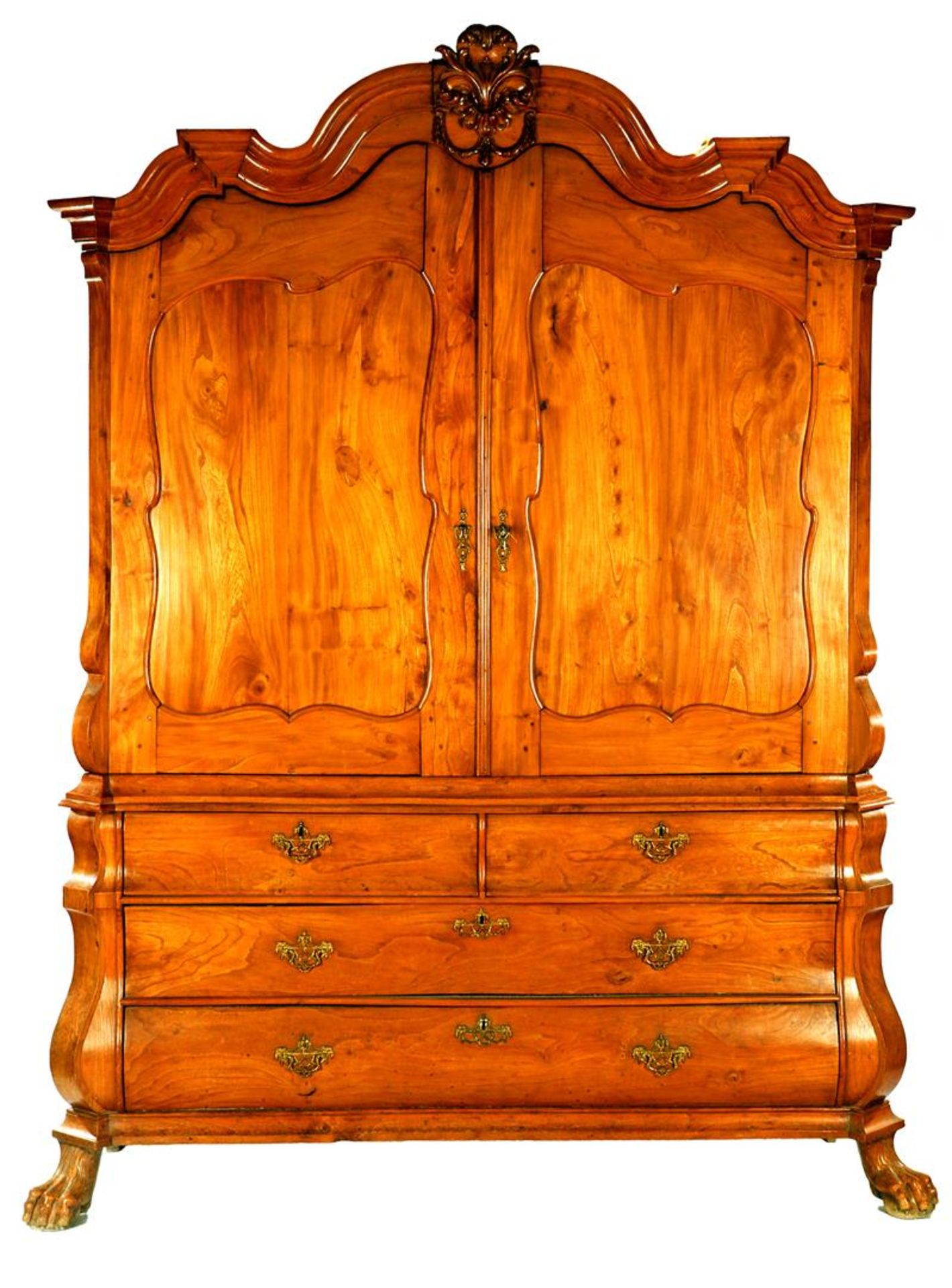 Fruit wood veneer on oak Dutch cabinet, with fine carving