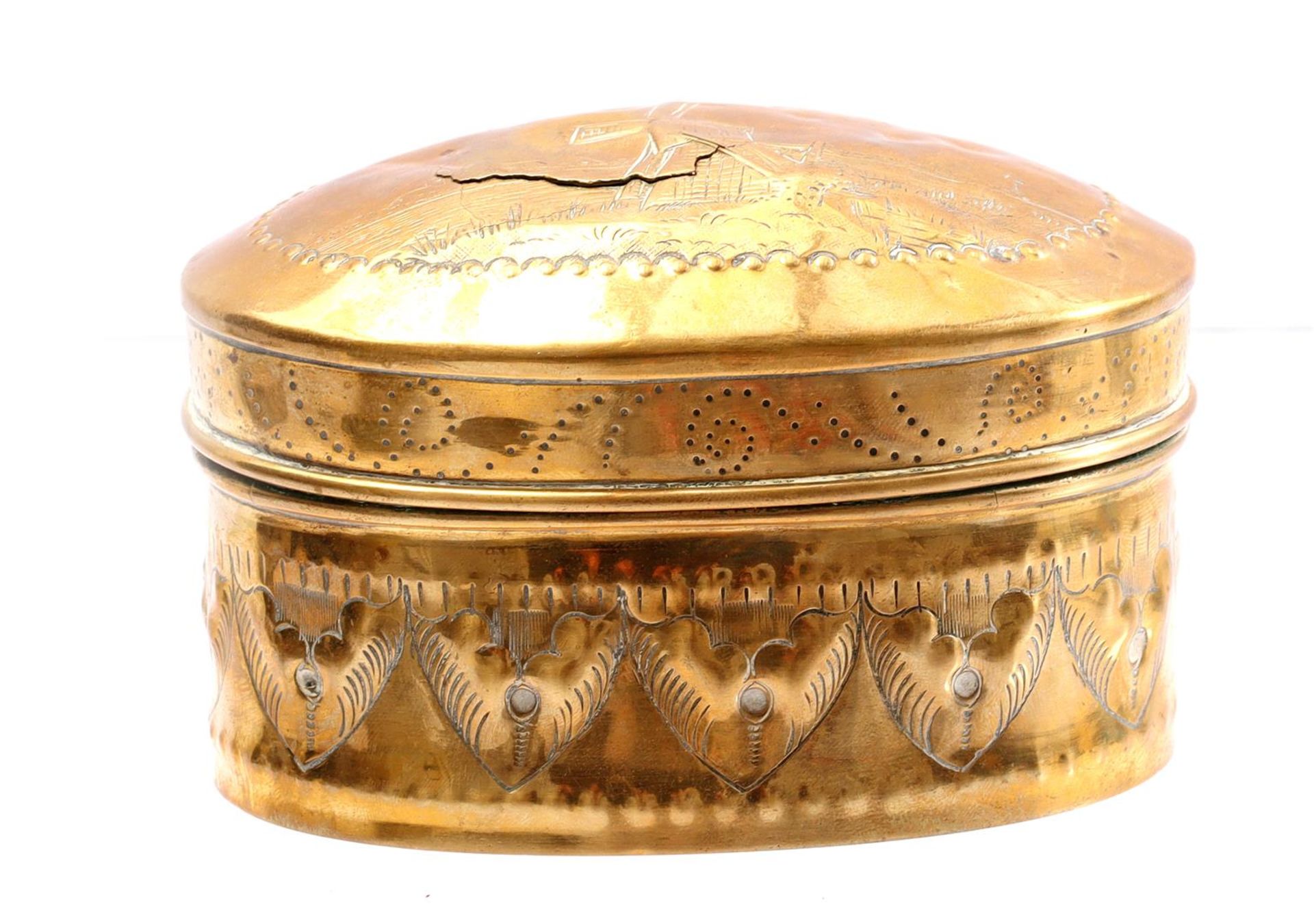 Copper tobacco box with typical Dutch decor on the lid 