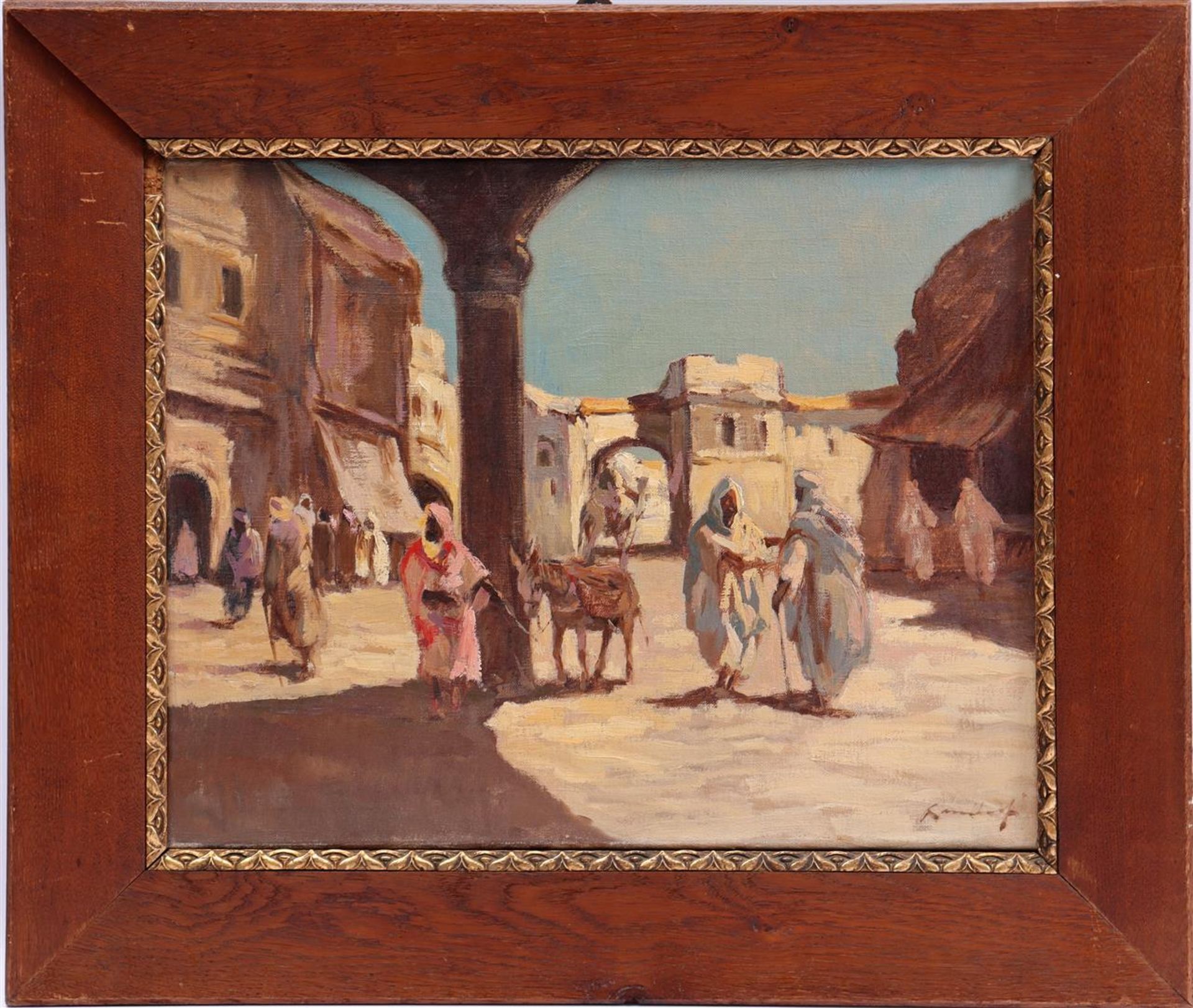 Unclearly signed, Oriental market with figures and donkey