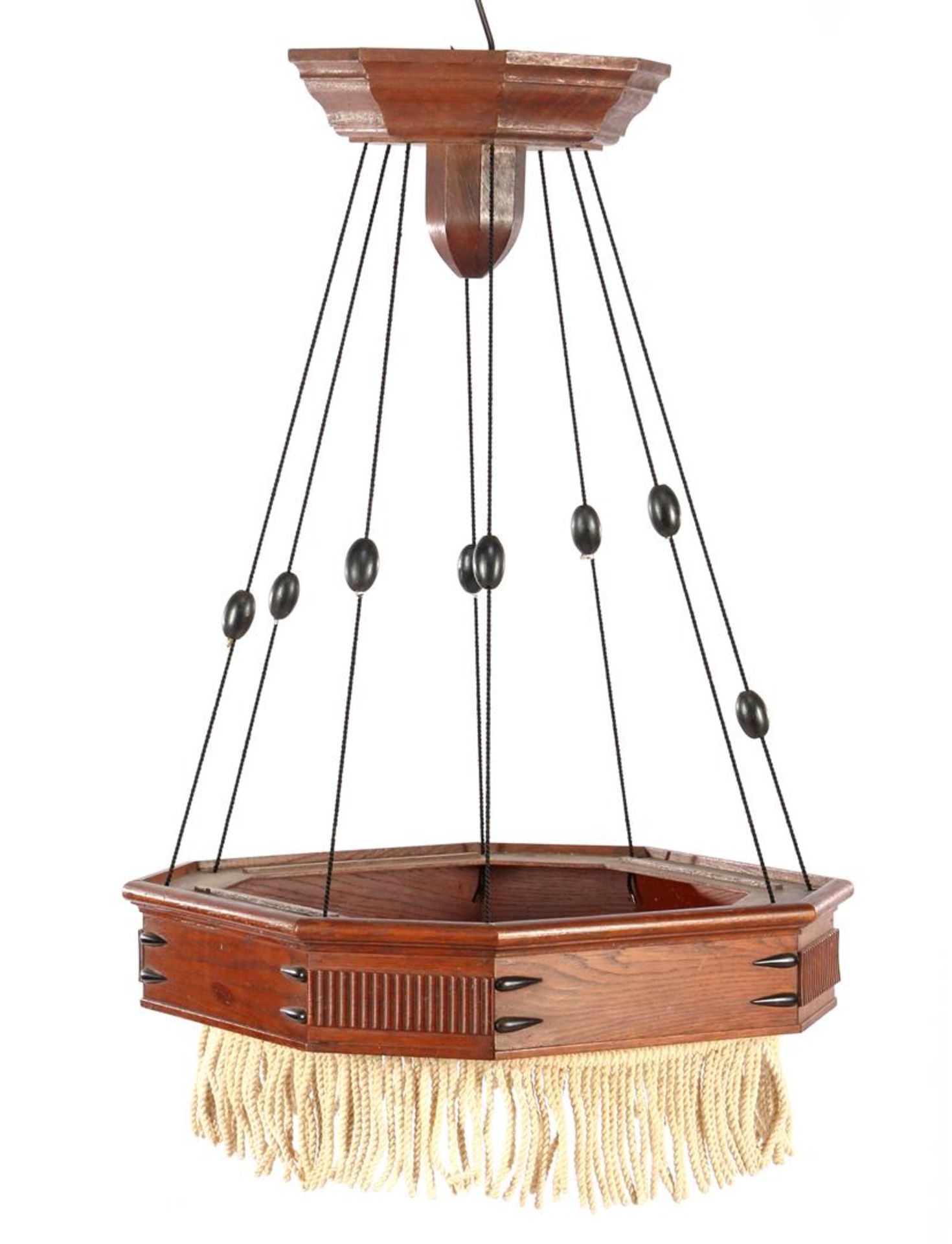 Oak Art Deco octagonal hanging lamp with rope and fringes