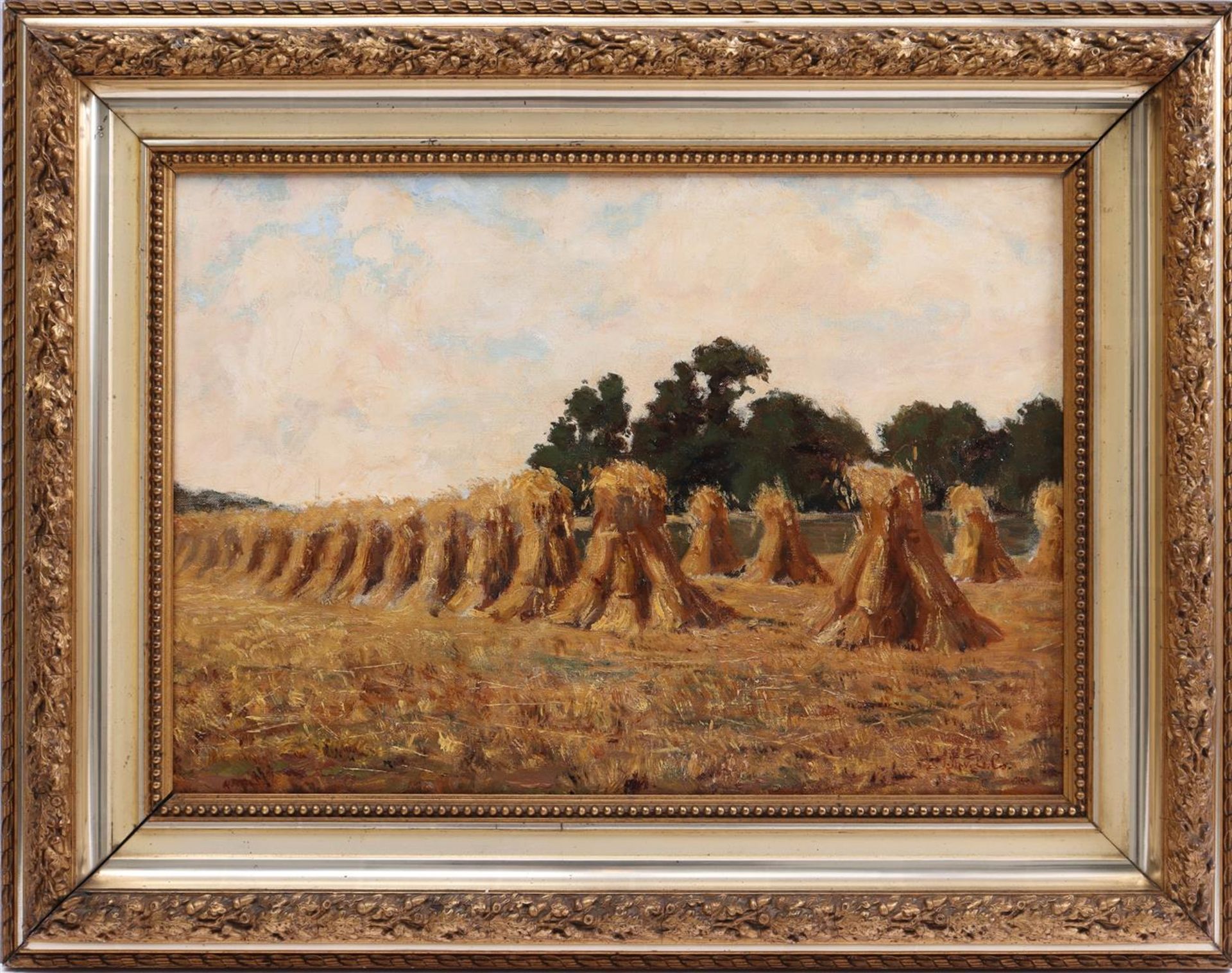 Unclearly signed, landscape with sheaves of wheat