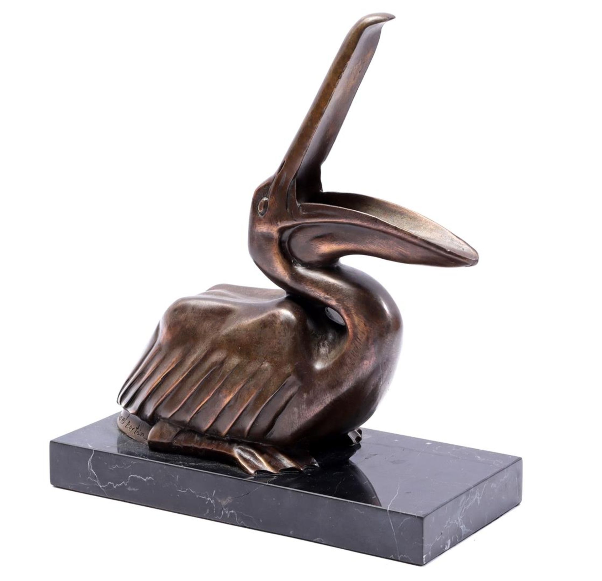 Bronze sculpture of a pelican, on a marble base