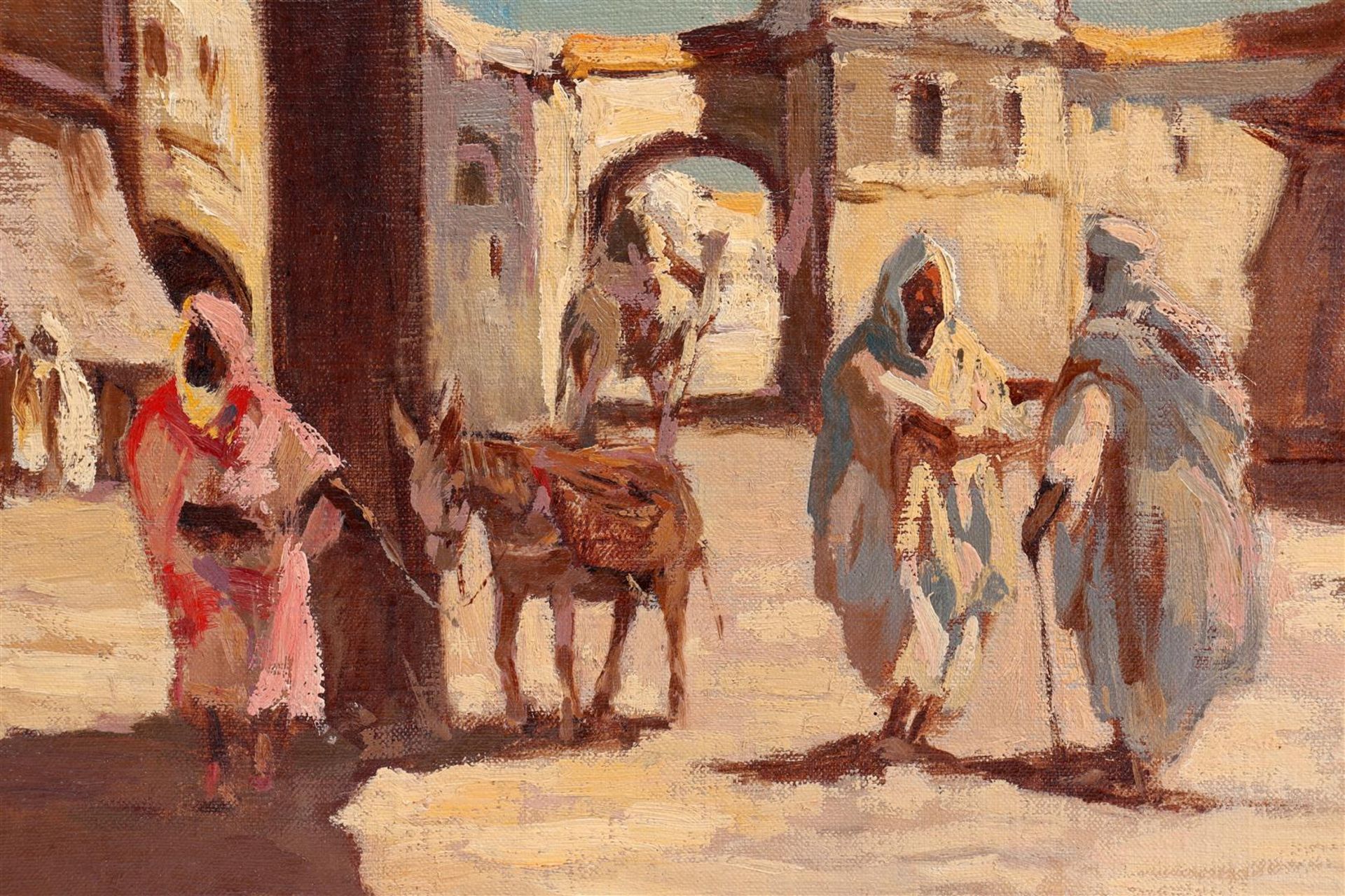 Unclearly signed, Oriental market with figures and donkey - Bild 2 aus 4