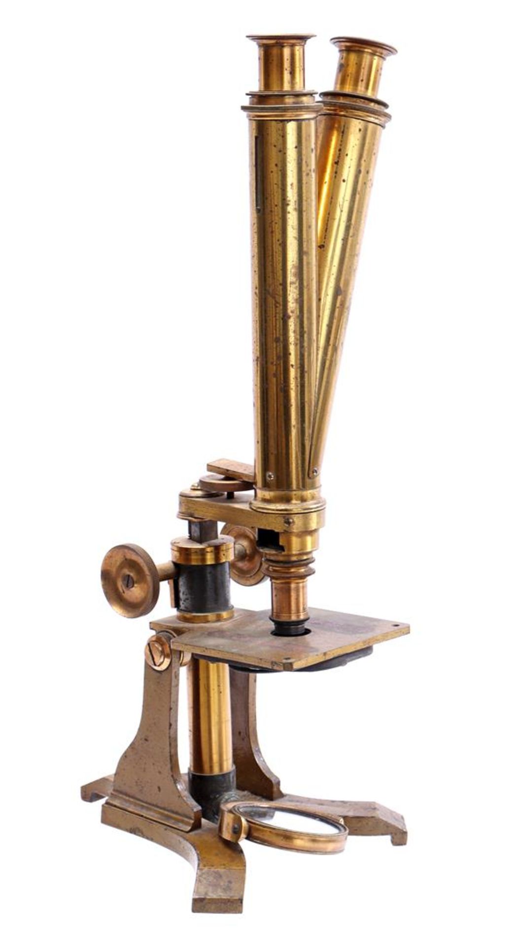 Brass binocular microscope, England 19th century