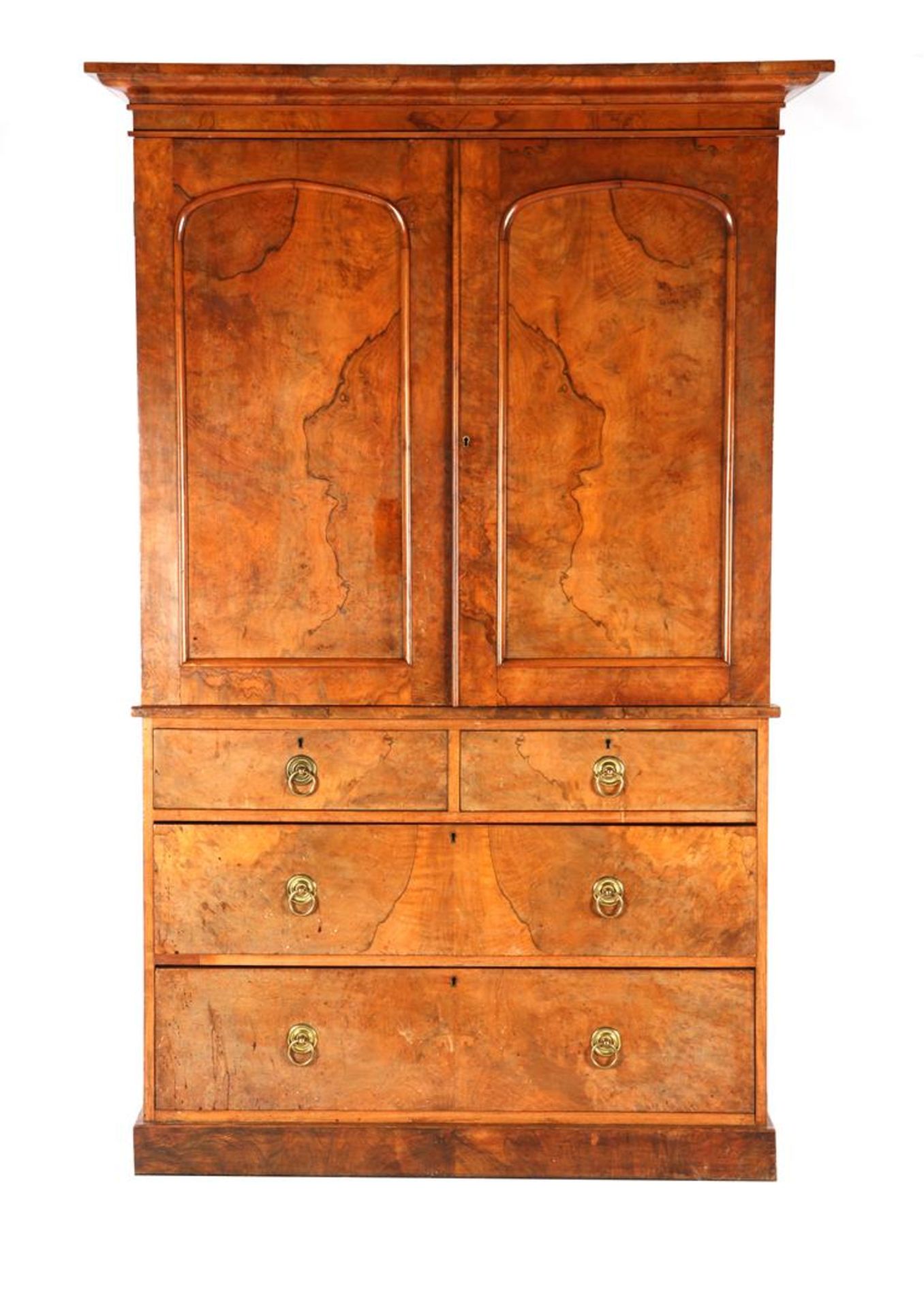 Burr walnut veneer with pine, mahogany and oak 2-piece cabinet