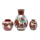 3 earthenware vases decorated with birds