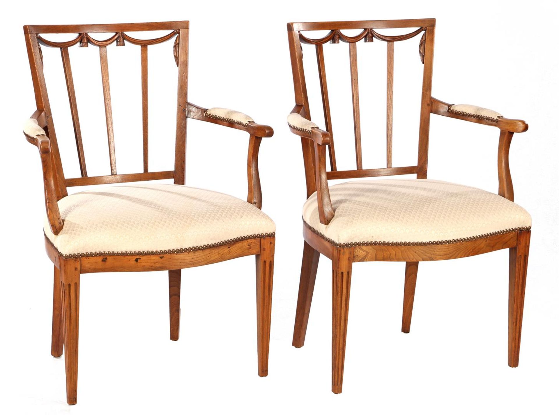 2 elm armchairs with upholstered seat and armrests and tacked edges