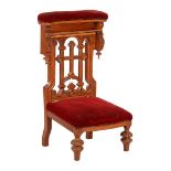 Oak decorated prayer chair with red velvet upholstery