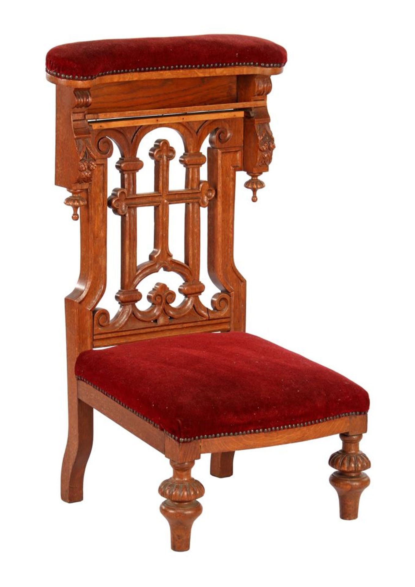 Oak decorated prayer chair with red velvet upholstery