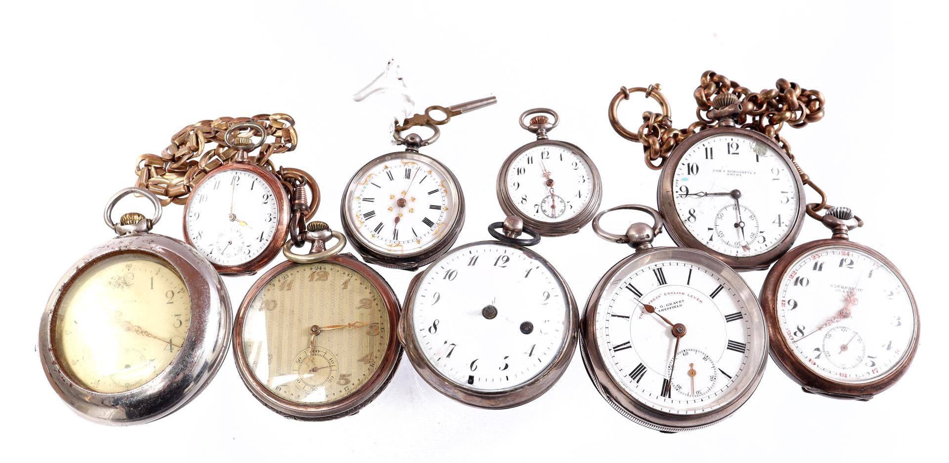 9 pocket watches in silver case of different brands