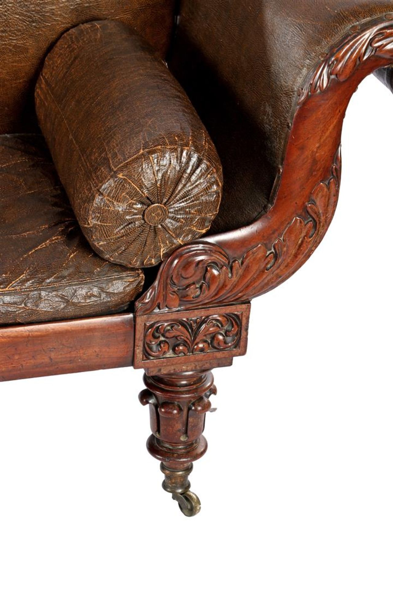 Mahogany veneer English sofa with stitching and leatherette upholstery - Bild 2 aus 3