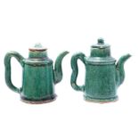 2 Shiwan green-glazed earthenware teapots