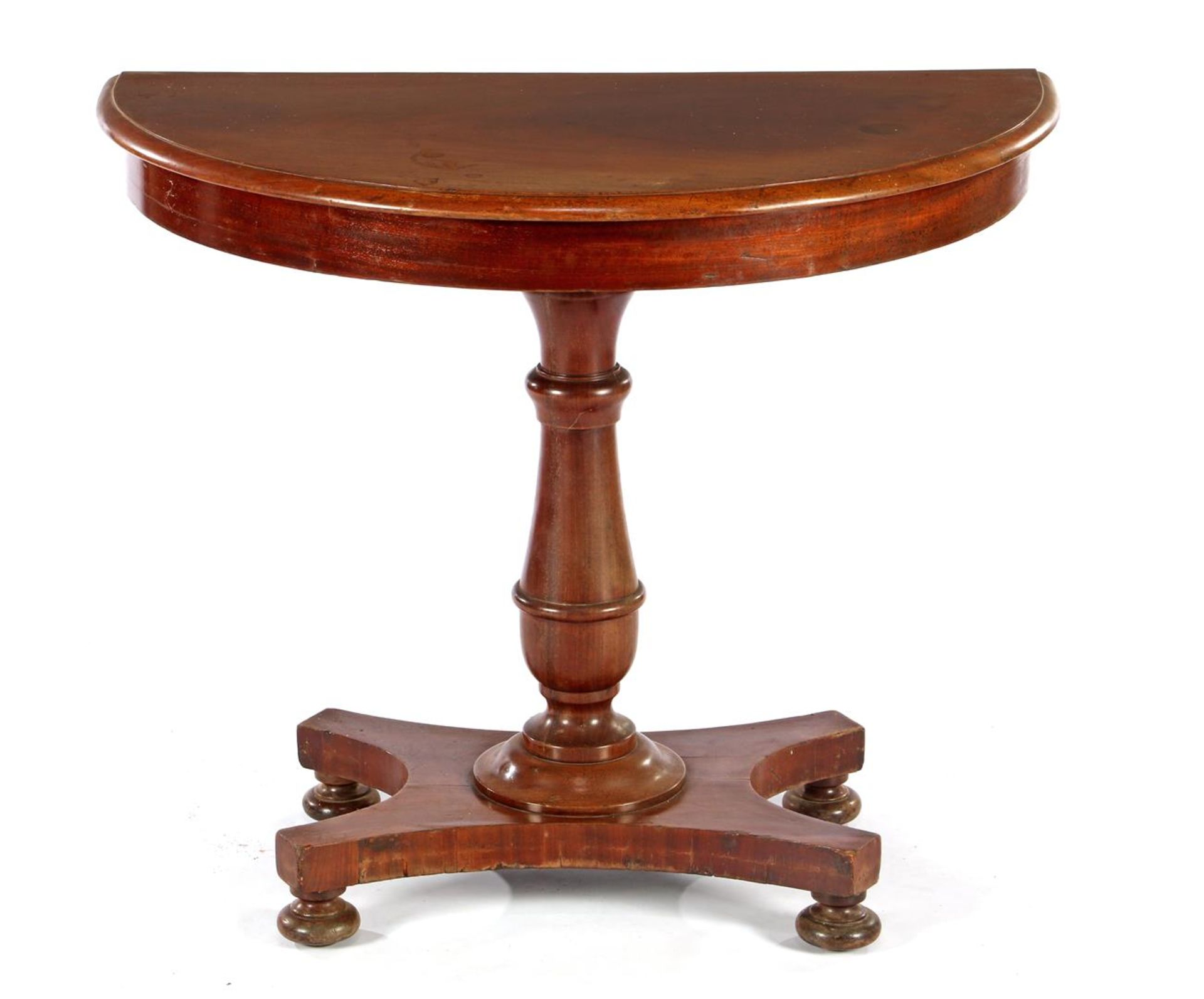 Mahogany veneer demi lune wall table on column leg