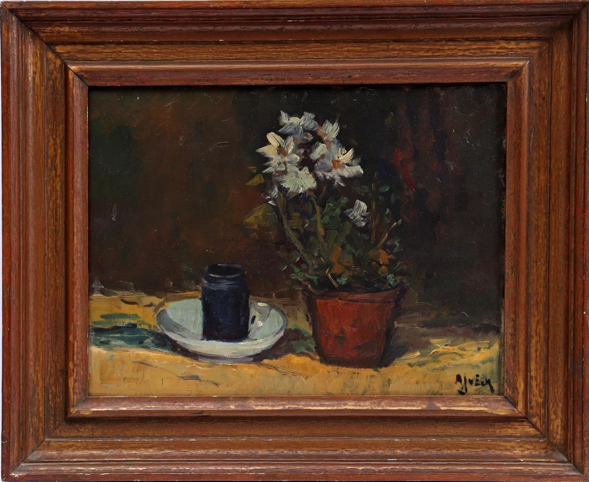 Signed A J van Eck, Still life with plant in pot