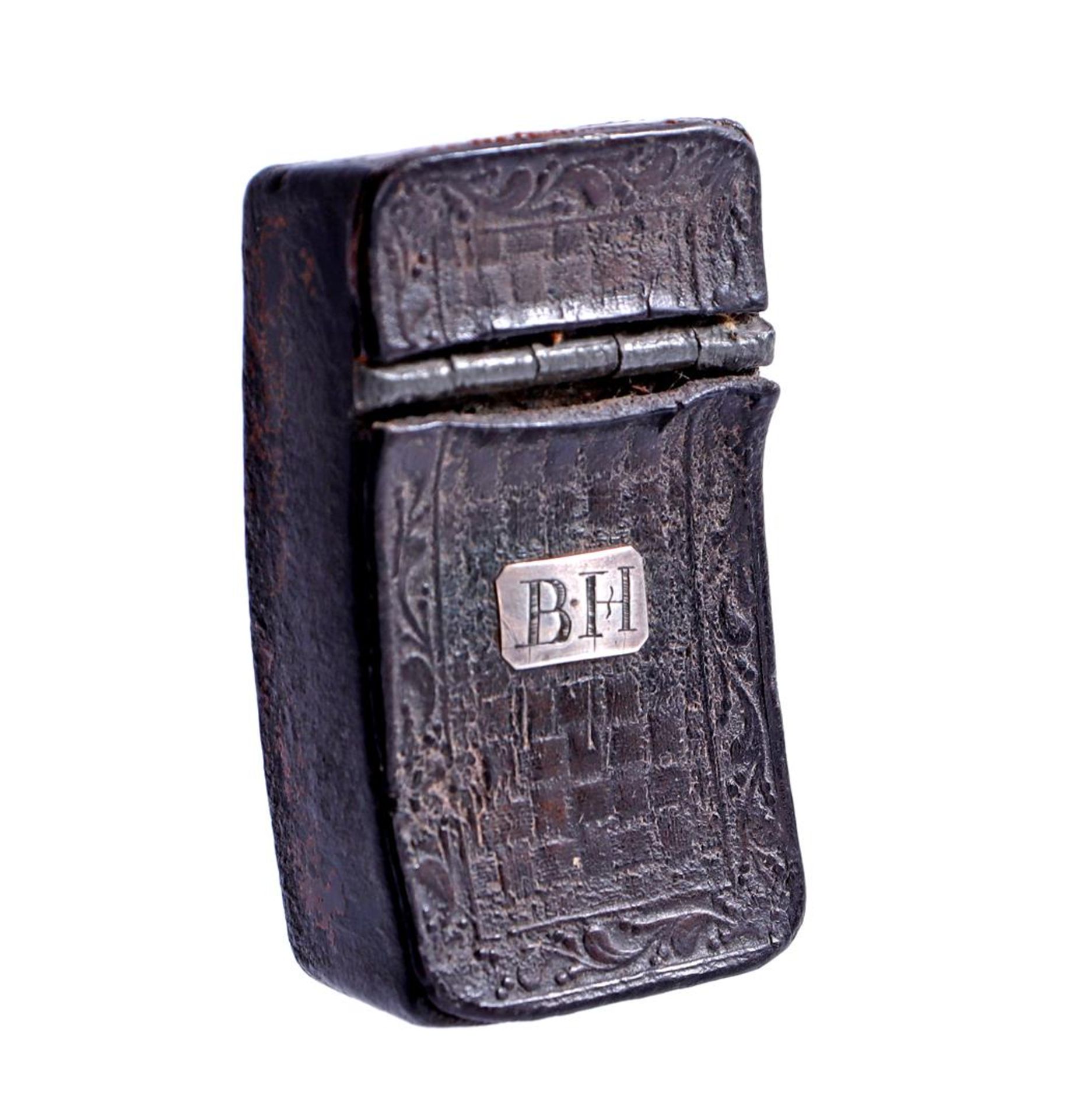 Miniature leather box with flap and monogram