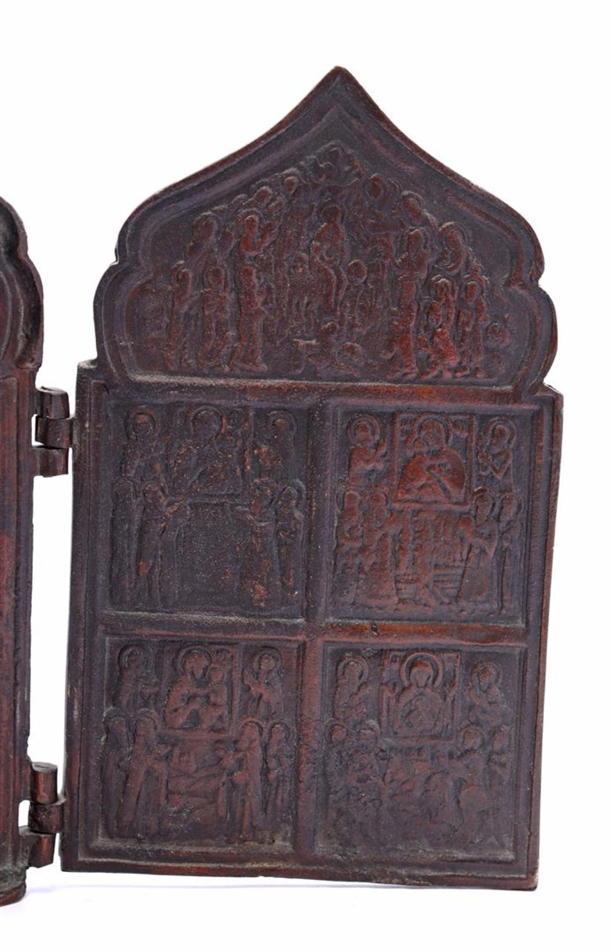 Bronze four-panel icon with various religious scenes, Russia - Image 5 of 7