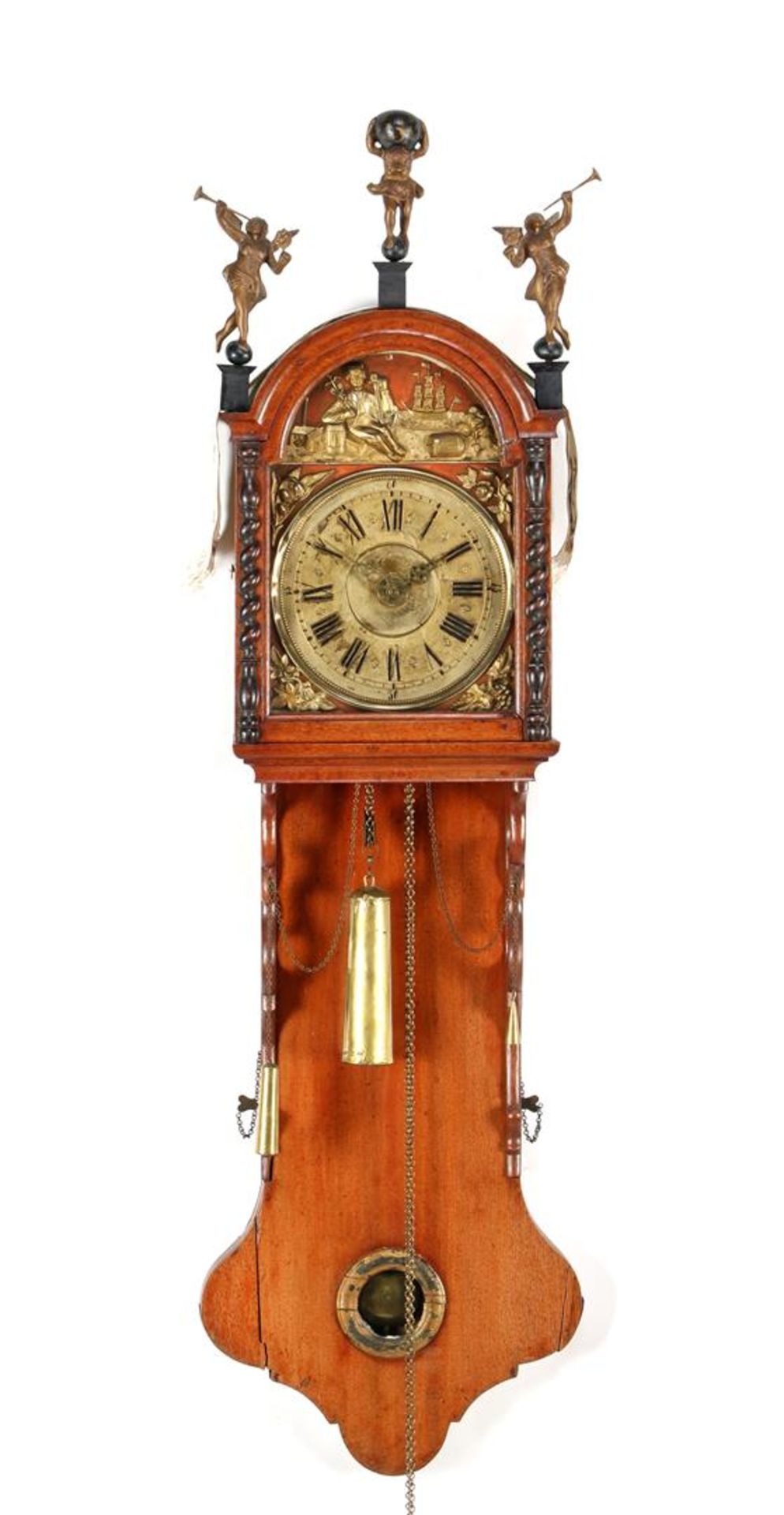 Frisian tail clock in oak case, dial decorated with driven copper