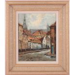 Unclearly signed, Cityscape with street and view of the church