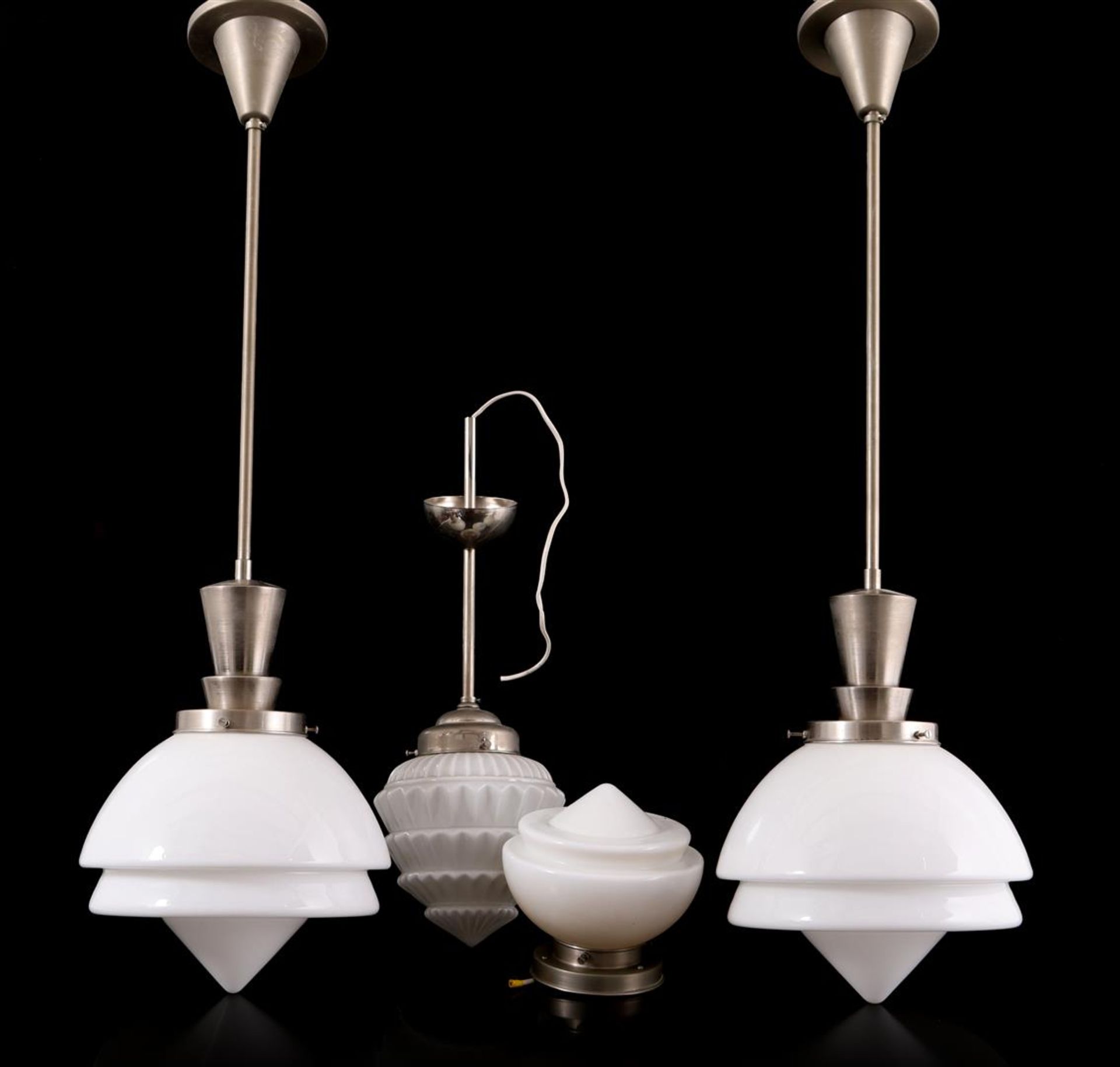 2 metal hanging lamps with opaline glass shade