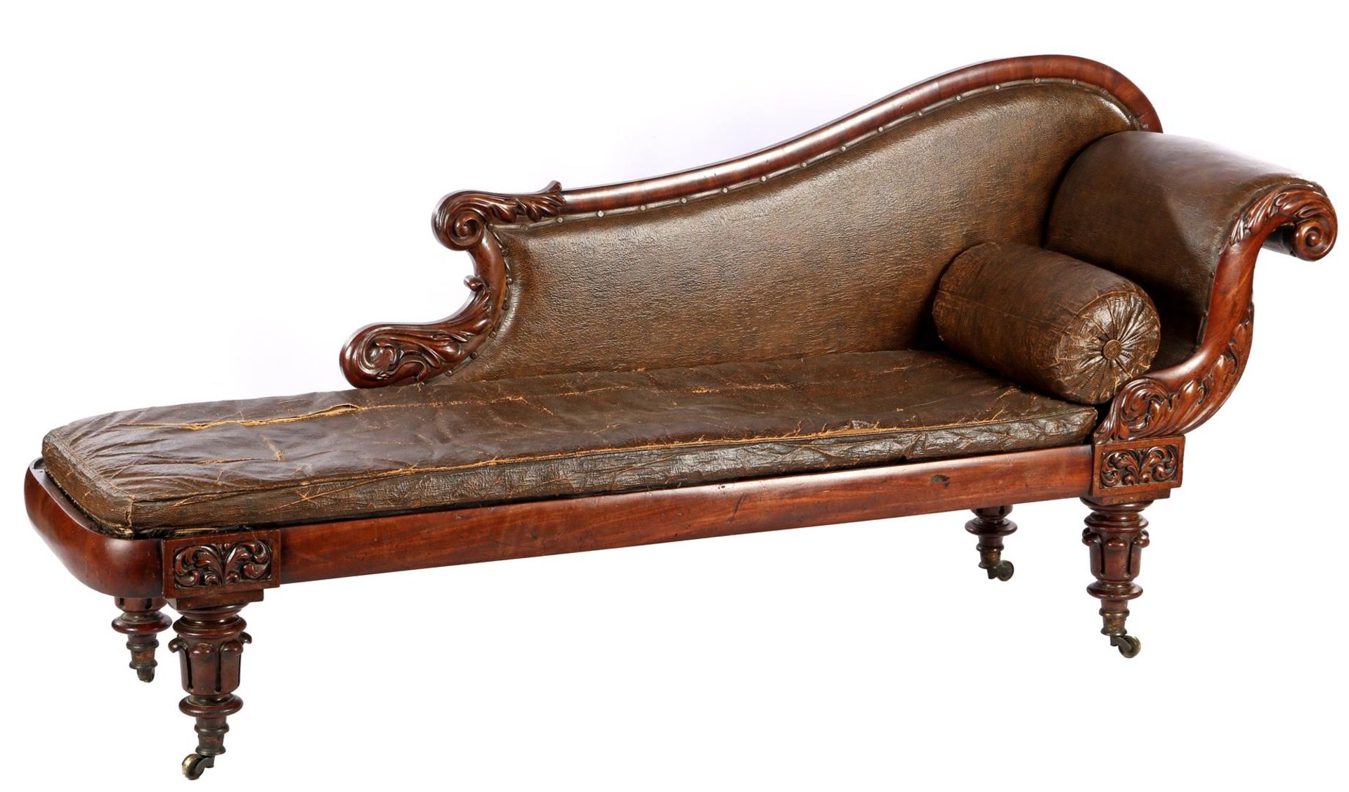Mahogany veneer English sofa with stitching and leatherette upholstery