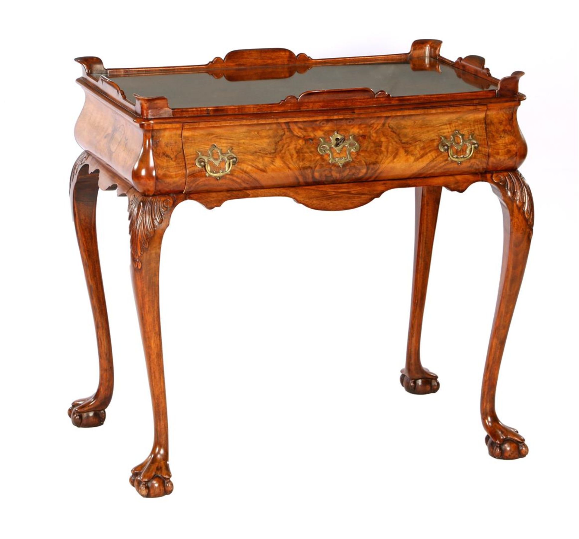 Burr walnut veneer English tea table with drawer