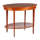 Oval walnut table with bottom shelf and marquetry trim