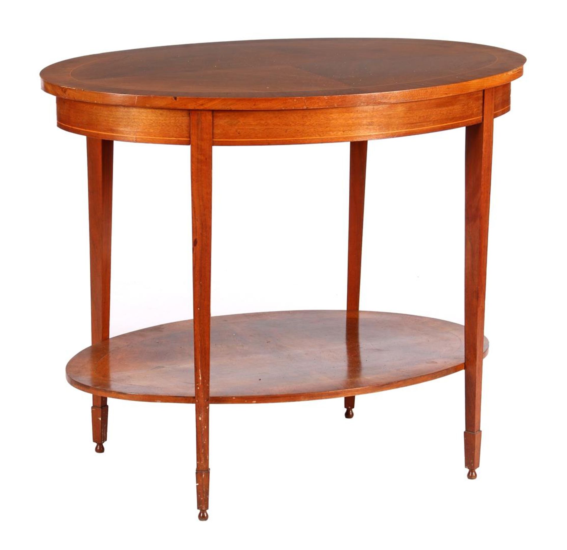 Oval walnut table with bottom shelf and marquetry trim