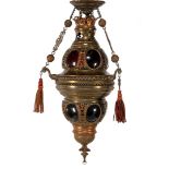 Oriental copper hanging lamp with colored glass windows