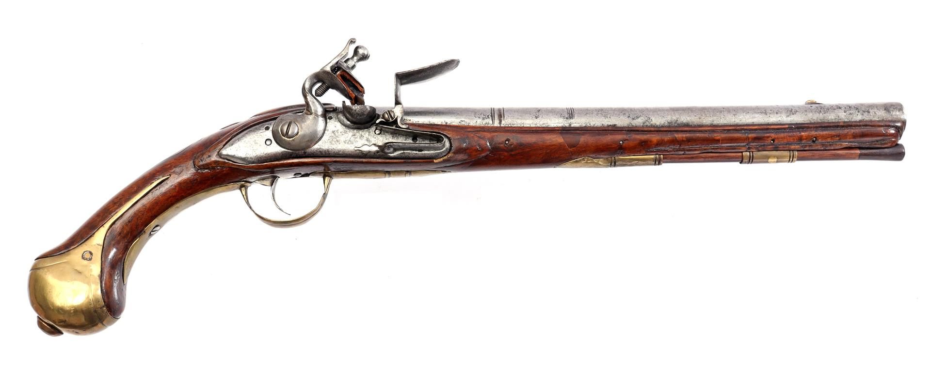Walnut and metal flint pistol with ramrod and brass fittings