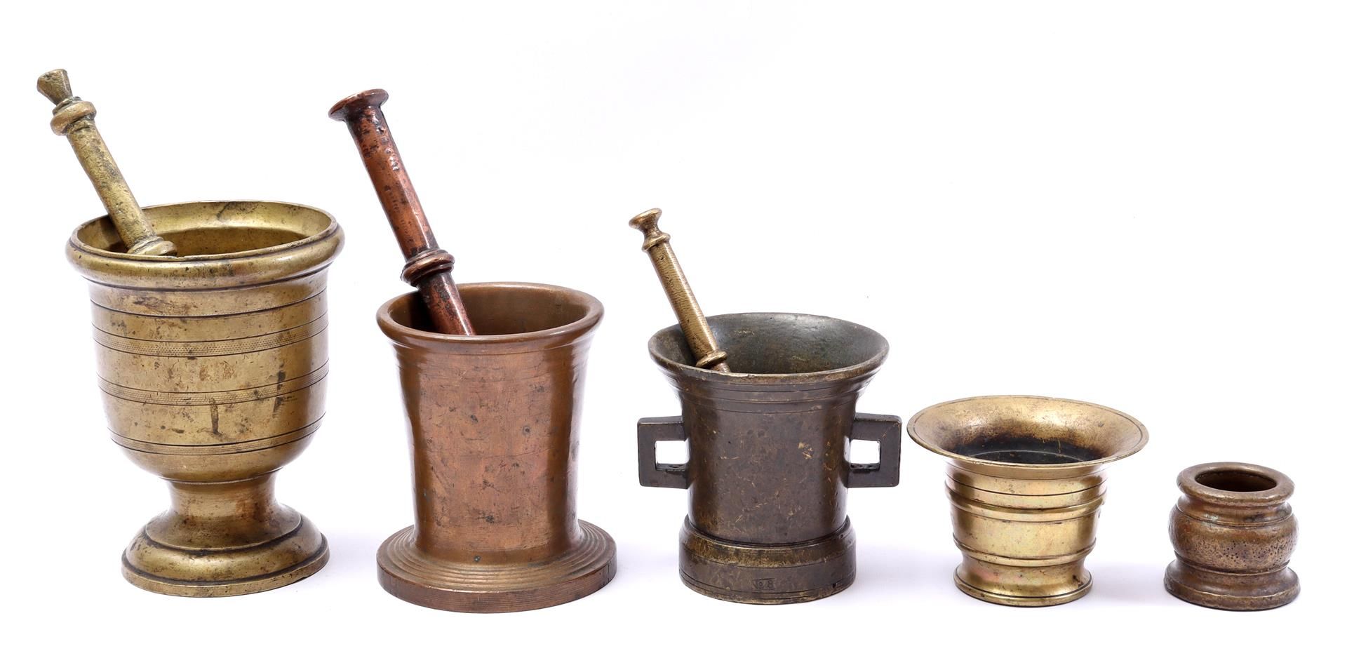 5 bronze and brass mortars with 3 pestles