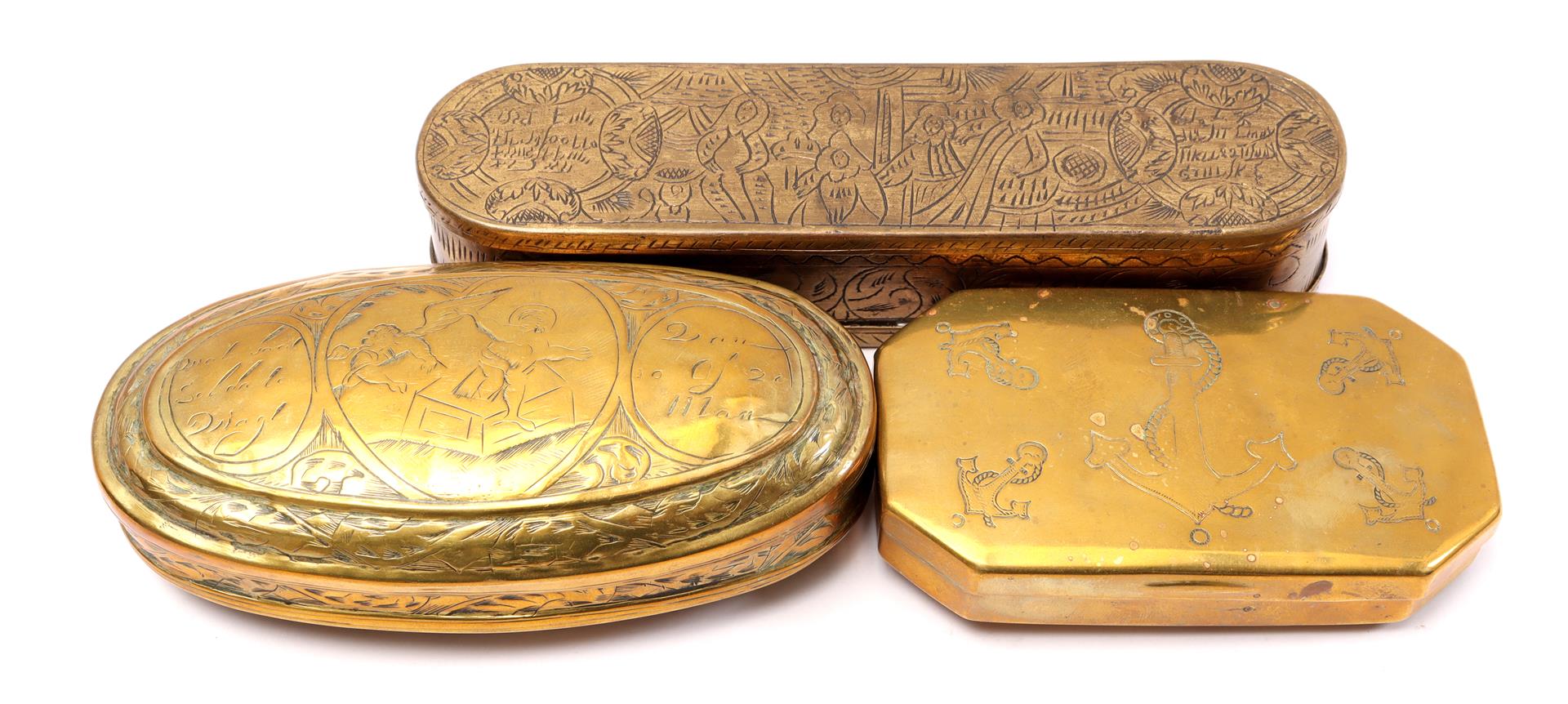 3 brass tobacco boxes with engraved decoration - Image 2 of 2