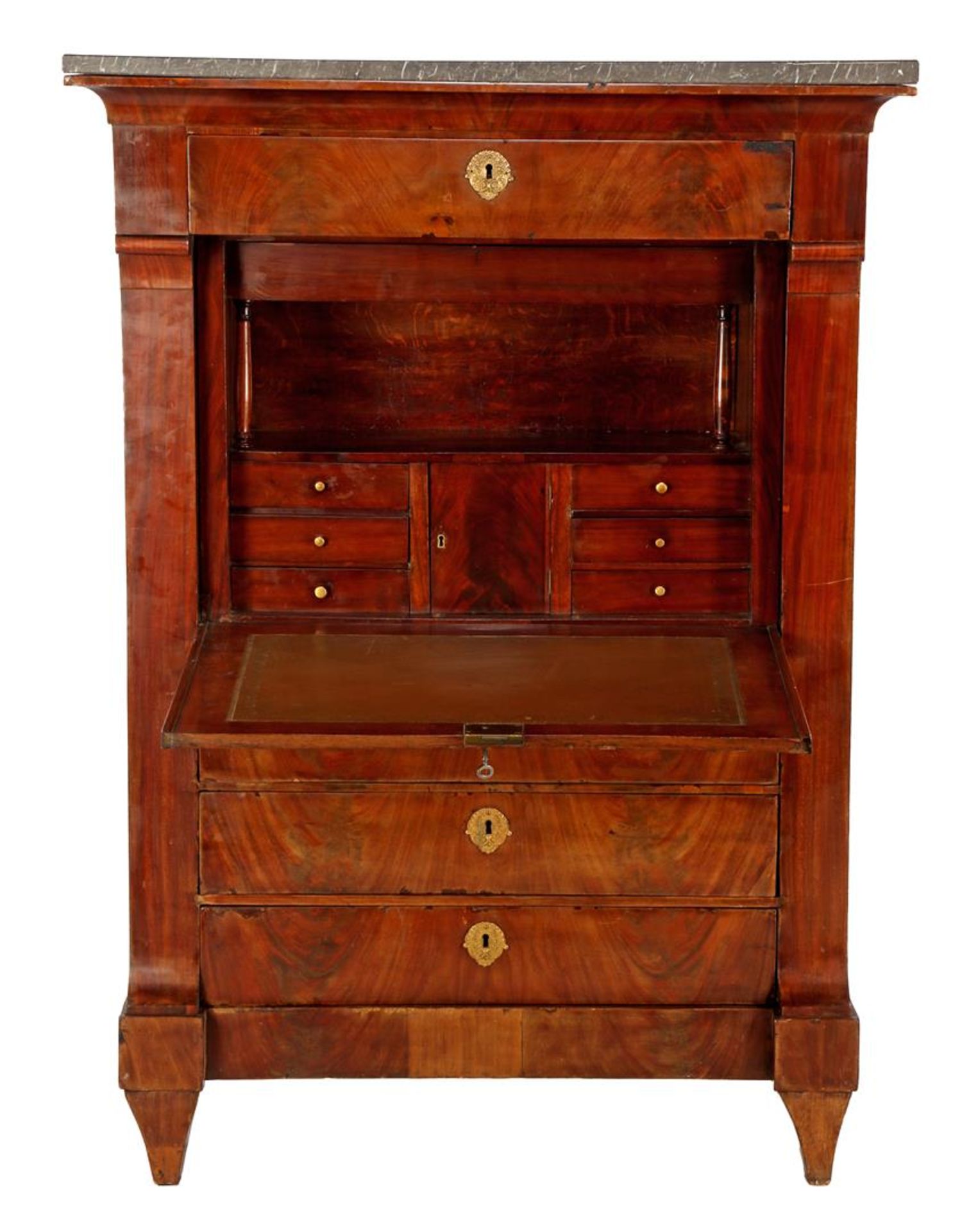 Mahogany veneer on oak flap desk with marble top