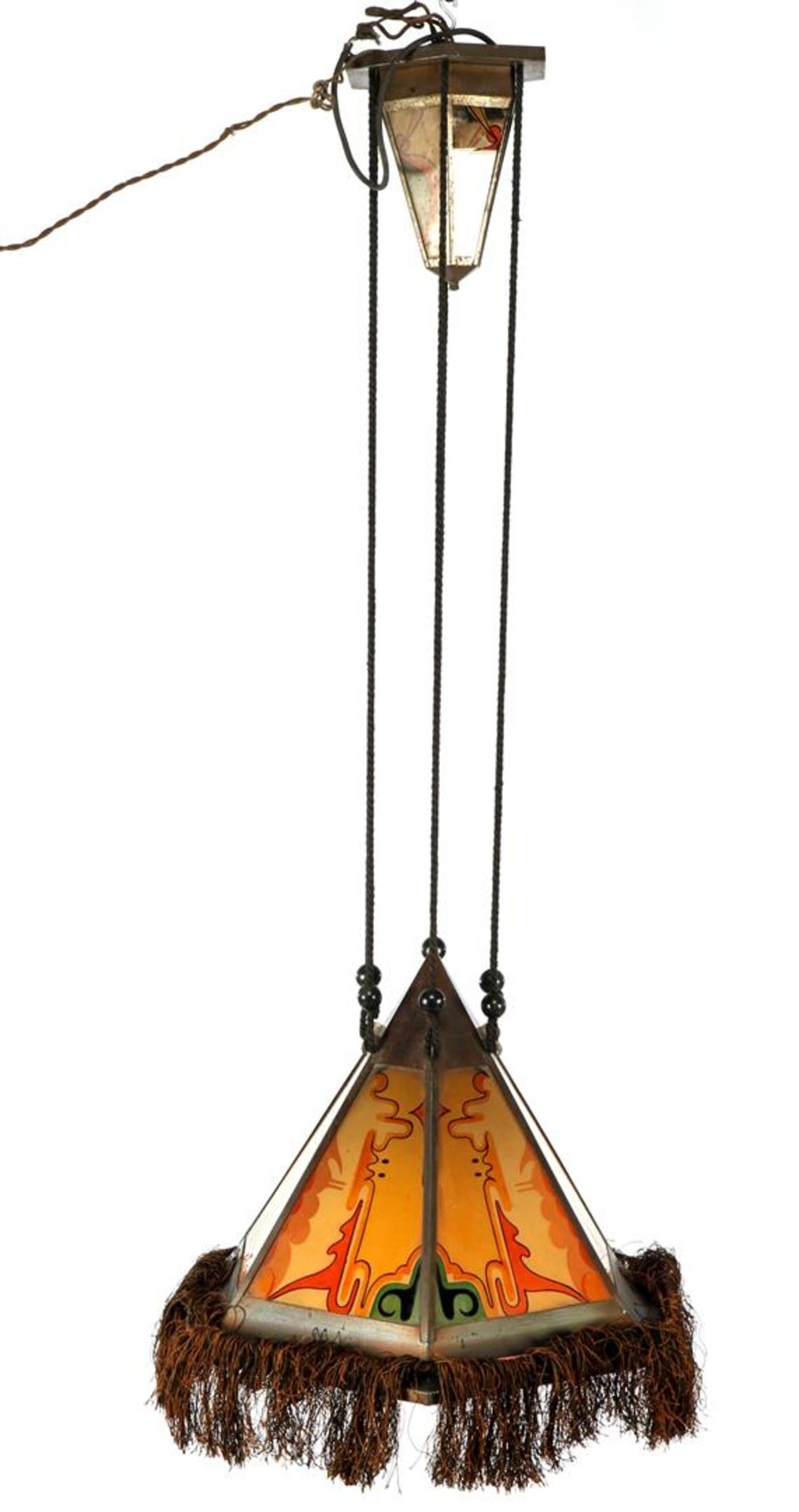 Art Deco hexagonal metal hanging lamp with stained glass - Image 2 of 6